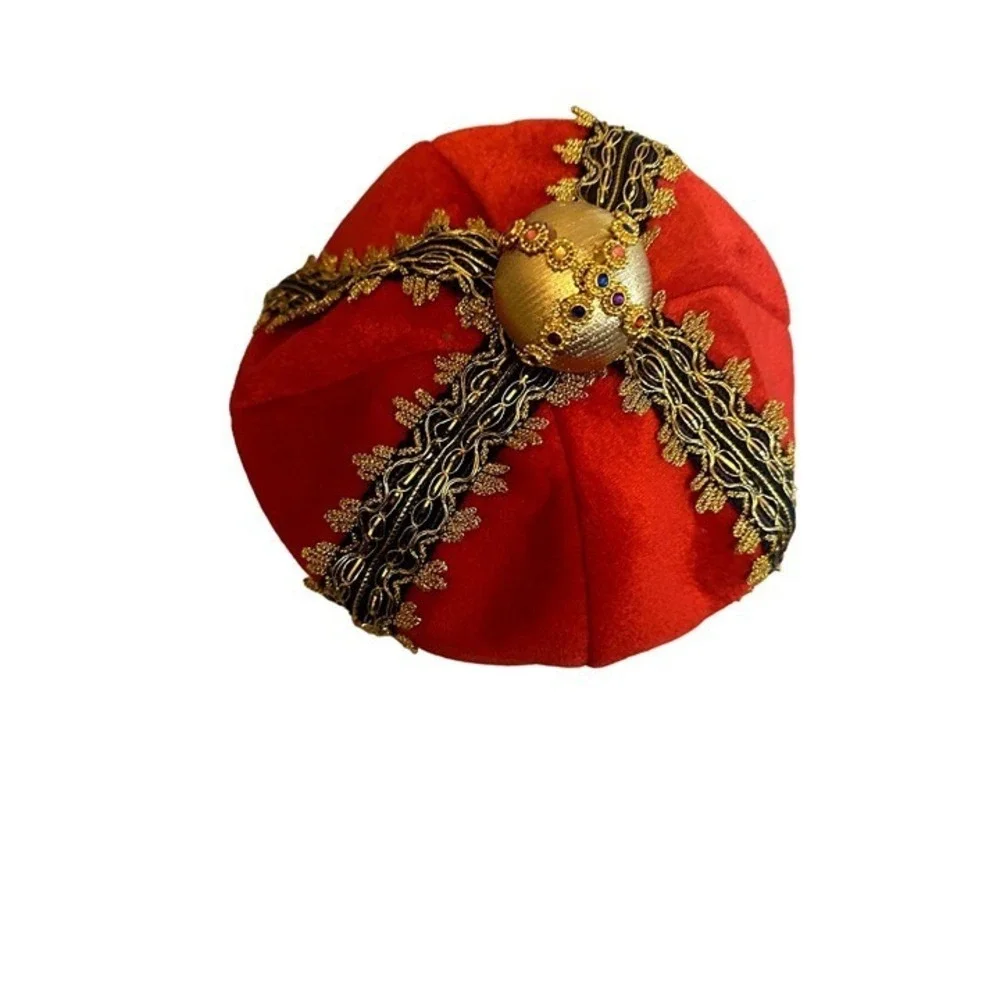 King Costume Fabric Crown Red Gold Hat Cap One Size Embellished Jewels
